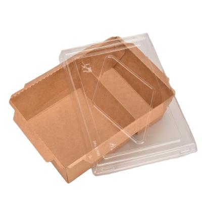 China Two Compartments Handmade Disposable Kraft Paper Salad Food Rectangular Paper Box With PET Lid for sale