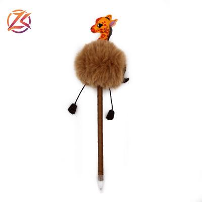 China office & Cute animal funny giraffe shape school promotion pen fluffy pom pom ball pen for kids for sale