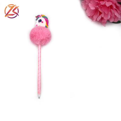 China office & School pen promotion creative pink unicorn fluffy ballpoint pen for girls pom pom luxury pen for sale