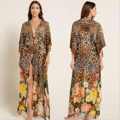 China 2021 Breathable Chiffon Summer V-Neck Long Beach Dress Leopard Swimwear Split Fronts For Women Summer for sale