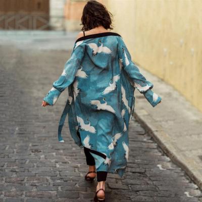 China Breathable Kimono 2020 Women Cardigan Beach Cover Up Crane Print Sheath Long Loose Open Front Cotton Duster Beach Dress for sale