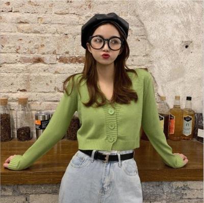 China Autumn Women Breathable V-Neck Long Sleeve Crop Tops Female Cardigan Knitted Sweater Single Breasted Cardigans Fashion Female Clothing for sale