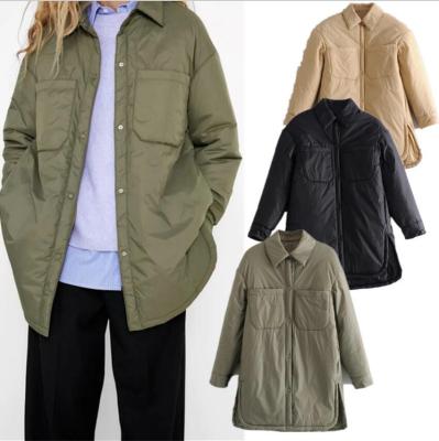 China Anti-Wrinkle Women Jacket Chunky Parkas Thin Long Coat Pocket Sleeve Female Oversized Button Long Khaki Overshirt Outwear Armygreen 2021 for sale