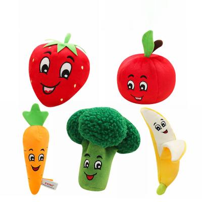 China Drop Stocked Shipping Custom Logo Wholesale Small Animal Carrot Tomato Vegetable Fruit Banana Soft Pet Gog Stuffed Squeak Toys for sale