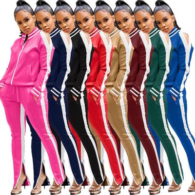 China Breathable Casual Stylish Drawstring Two Piece Pocket Stripe Side Zipper Jogging Tracksuit Sports Suit Set for sale