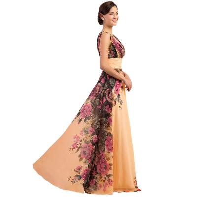 China Long Flower Prom Dresses Floral Print Pattern Chiffon Evening Dress Viable Running Sleeveless Party Dress for sale