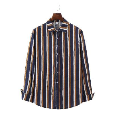 China Mens Breathable Fashion Slim Cotton And Canvas Striped Printed Casual Long Sleeve Shirt for sale