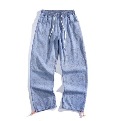 China Loose straight leg men's polyester/full cotton men's jeans casual light color printed wide leg pants for sale