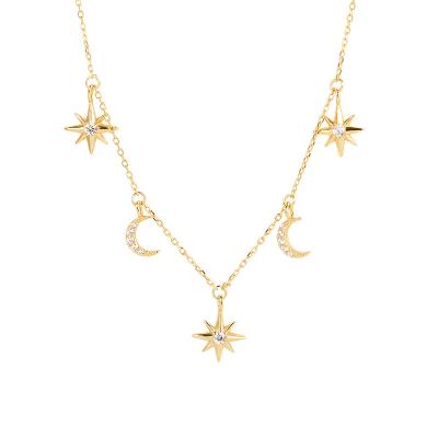 China 18K FASHIONABLE Hot Selling Tasty Moon And Star Zircon Necklace Gold Plated 925 Silver Choker Pendant Chain for sale