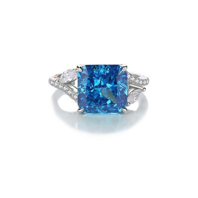 China TRENDY Original Design Ice Flower Cut Blue Zircon Square Ring Women 925 Sterling Silver Ring Wholesale for sale