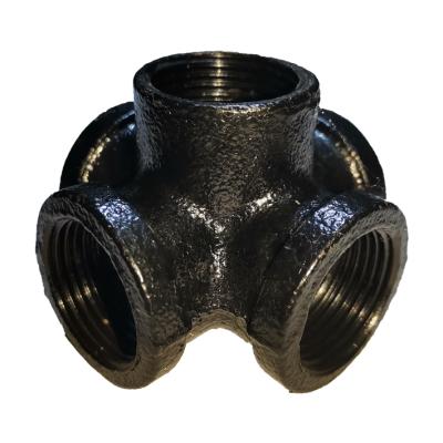 China Robe Free Hook 1 Inch 5 Way Pipe Fitting Black Malleable Iron Outlet Cross Tube Female Connector for sale