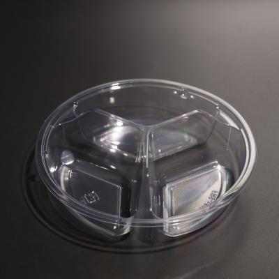 China BPA Free Clear Round 3 compartment PET Food Tray Multi Purpose With Cold Food for sale