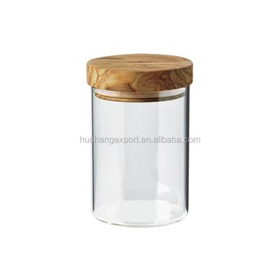 China Sustainable High Quality Handmade Decorative Borosilicate Storage Glass Jars With Wooden Lid for sale