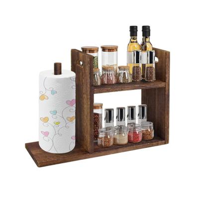 China Sustainable Rustic Brown Wooden 2 Tier Kitchen Countertop Paper Towel Rack Spice Rack Organizer For Cabinet for sale