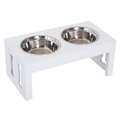 China Sustainable Custom White Wooden Dog Bone Feeder Station Dog Pet Food Elevated Feeding Bowl for sale