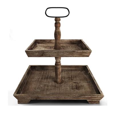 China Custom Farmhouse Handmade Craft 2 Tier Solid Wood Vertical Display Place Tray Christmas Table Decor Eco-Friendly for sale