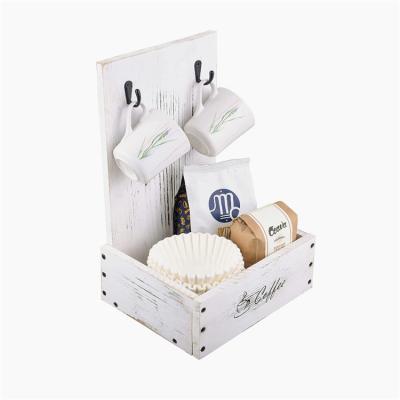 China Farmhouse White Coffee Stand Wall Mounted Coffee Mug Stand Wooden Coffee Station Organizer With Hooks for sale