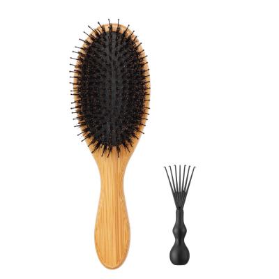 China Hot Selling Eco-friendly Boar Bristle Padddle Cushion Natural Bamboo Wooden Cushion Natural Oval Hair Brush With Clean Brush for sale