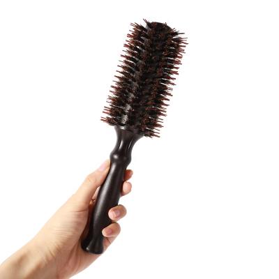 China Hot Selling Cushion Professional Salon Dressing Black Curly Hair Round Wooden Brush In Comb With Boar Hair Blend Nylon Pin for sale