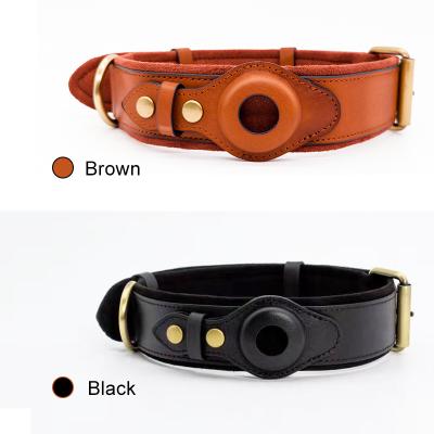 China Custom Real Pet Airtag Custom Adjustable Leather Black Brown Genuine Leather Dog Collar With Airtag Case for sale