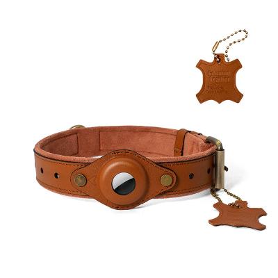 China Custom Wholesale Personalized Luxury Genuine Leather Airtag Dog Collar With Air Tag Cover Buckle Adjustable Goods Leather Pet Collar for sale