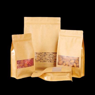 China Eco Friendly Flat Bottom Kraft Paper Bag Food Pouch Stand Up Coffee Nuts Candy Bag With Window for sale