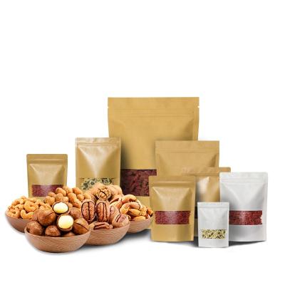 China Stand Up Pouch Brown White Kraft Paper Tea Coffee Pedigree Food Nuts Zipper Mylar Bag With Window for sale