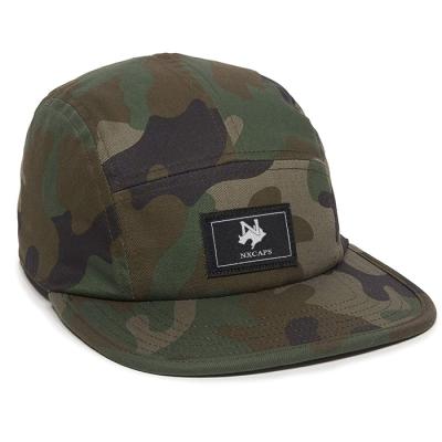 China JOINT Label Patch Camper Style Custom Woven Hat Camouflage Adjustable 5 Panel Hat Baseball Cap With Closure for sale