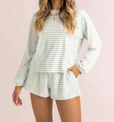 China Casual Ribbed Striped Elastic Short Sleeve Tops Long Drop Tie Drawstring Factory Matched Set for sale