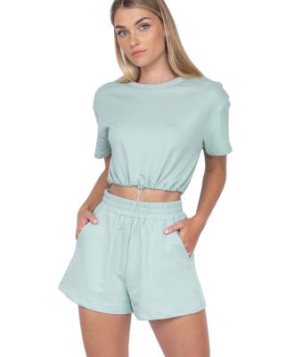 China Ladies Loungewear Casual Crop Top Matching Shorts Set With Round Neckline Bungee Cord Functional Pockets for sale