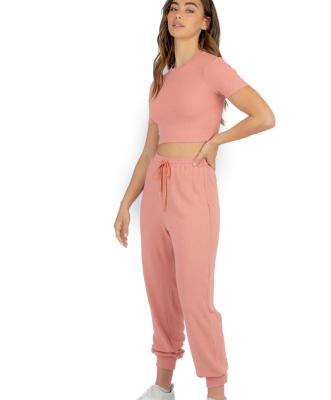 China Casual Tank Top Rib Two Pieces Loungewear Set With Short Sleeve Crop Waistband Drawstring Top Elastic Pants for sale