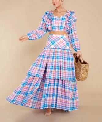 China Casual long sleeves ruffle crop top tiered high waisted maxi skirt set for sale