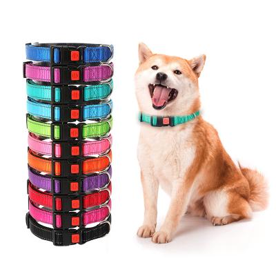 China Custom Free Design Multi Color Adjustable Reflective Logo Dog Pet Nylon Collars With Plastic Buckle for sale