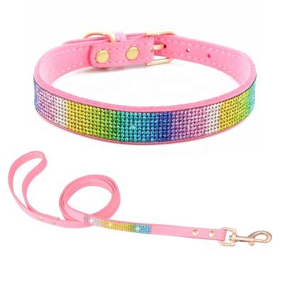 China Custom 16 Colors Luxury Dog Accessories Fashion Dazzling Crystal Rhinestone Pet Collar and Leash Set for sale