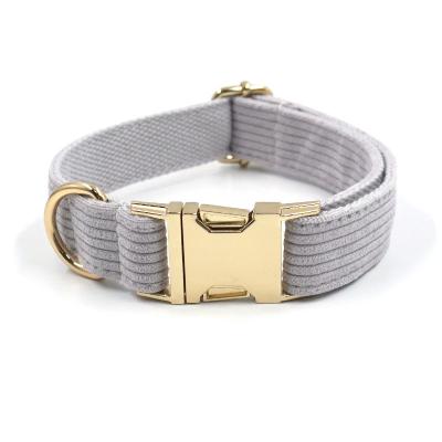 China Custom Quick Release Logo Printed Eco Friendly Pet Collar Dog Leads Gray Soft Velvet Dog Collar With Gold Hardware Buckle for sale