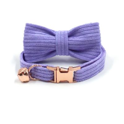 China Custom Quick Release Small Soft High Quality Soft Cat Collar Adjustable Purple Bow Tie Corduroy Dog Collar Velvet Cat Collar With Bell for sale