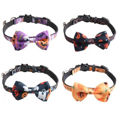 China Quick Release Halloween Pet Accessories Wholesale Pet Adjustable Nylon Kitty Cat Collars With Pumpkin Bell 4 Colors for sale