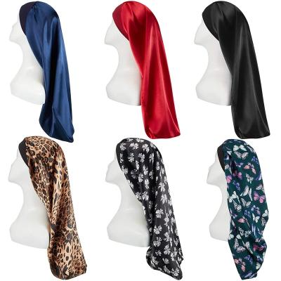 China Custom Satin Bonnet Eco-Friendly Silk Satin Long Bonnet with Logo Layer Reversible Night Bonnet for Women Long Curly Hair Hair for sale