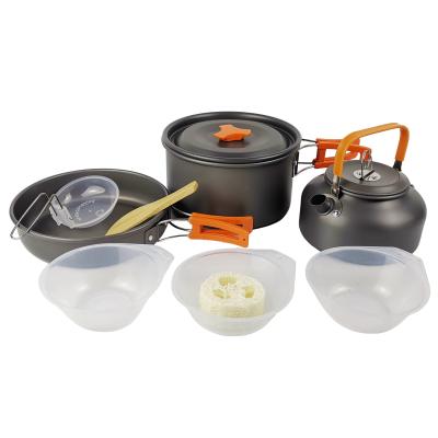 China Sustainable Camping Cookware Set Outdoor Tableware Cooking Set Travel Pot Pan With Outdoor Stove for sale