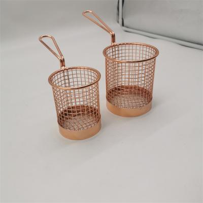 China Portable High Quality Viable Stainless Steel Chip Baskets Serving Fry Basket Rose Gold Mini Round Fry for sale