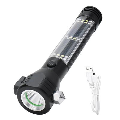 China New USB Boruit Safety Hammer Rechargeable Torch Light Camping Multifunctional Solar Flashlight With Compass for sale