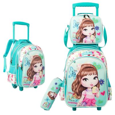 China Cartoon anti-theft rolling 3 in 1 with lunch bag and school bag PU leather girls kids trolley 3 pieces school bag backpack set with wheels for sale