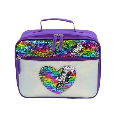 China Waterproof OEM ODM Kids Lovely Insulated Cooler Bags Reusable Sequins Lunch Bag With Heart Pattern For Kids Boys Girls for sale