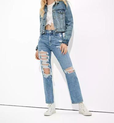 China Viable Wholesale Private Label Logo Zipper Fly Stretch High Waisted Distressed Boyfriend Jeans For Ladies for sale