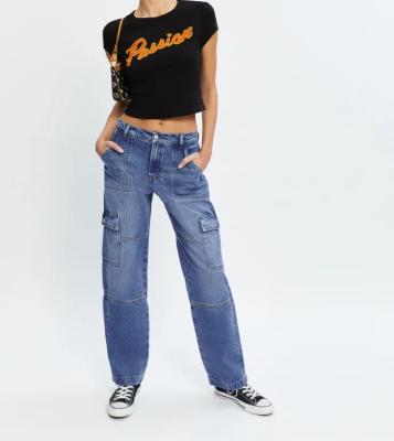 China Wholesale Viable Private Label Logo Mid Rise Slouch Cargo Jeans Denim Cargo Pants For Women for sale