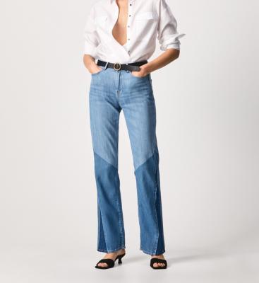 China Tone Blue Relaxed Fit High Leg Two Way Jeans Women Straight Loose Wide Leg Jeans for sale