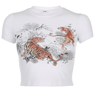 China Custom Logo Summer Fitness Casual Anti-wrinkle Tiger Printed White Ribbed Slim Fit Women's T-Shirts for sale