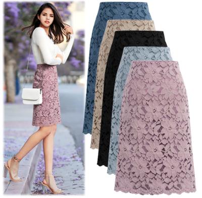 China Summer Office Wear Anti-static Floral Embroidery Lace Mesh Skirt Women Midi Skirt One Line for sale