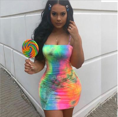 China New Anti-static Bodycon Mini Dress Neon Party Club Tie Dye Cami Dresses Sleeveless Slash Neck Slip Dress for sale