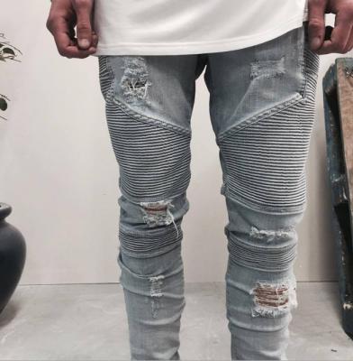 China 2021 Men's Waterproof Quilted Pleated Pants With Holes Vintage Style Men's Slim Jeans for sale